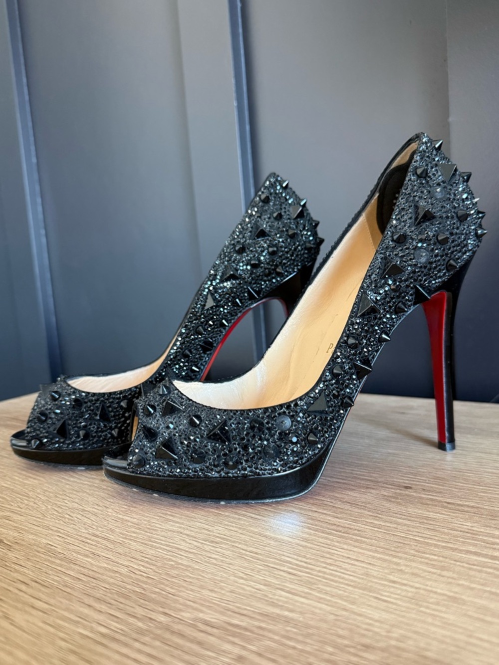 Christian Louboutin Black Strass & Spike Peep-Toe